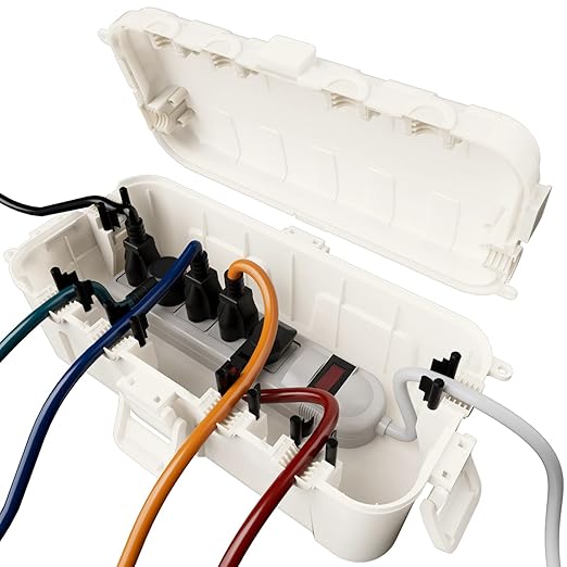 RESTMO Outdoor Electrical Box, IP54 Weatherproof Extension Cord Cover with 6 Cable Entry Ports, Waterproof Connection Box Protect Power Strip, Timer, Plug, Holiday Lights, (11.5x5.2x4 inch), White