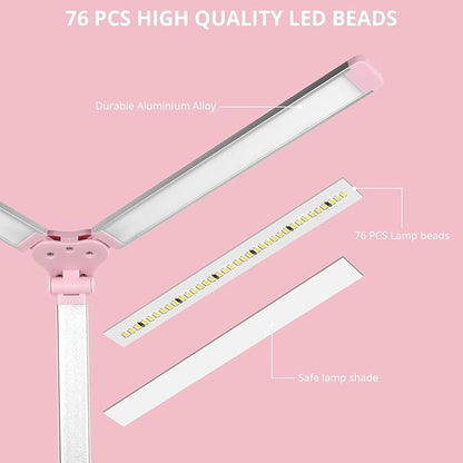iVict LED Desk Lamp, Adjustable Table Foldable Lamp with USB Charging Port, 25 Lighting Modes, 45-Minute Auto Timer, Dual Swing Arm Desk Light with Pen Holde for Home Office/Study(Pink)