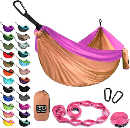 Gold Armour Camping Hammock - XL Double Hammock Portable Hammock Camping Accessories Gear for Outdoor Indoor with Tree Straps, USA Based Brand (Peach and Pink)