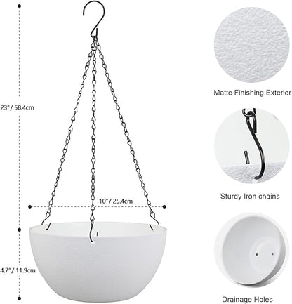10 inch Hanging Planters for Indoor Outdoor Plants, 2 Pack Hanging Flower Pots with Drainage Holes and Chain for Garden Balcony Porch, Round Plastic Hanging Baskets for House Plants, White