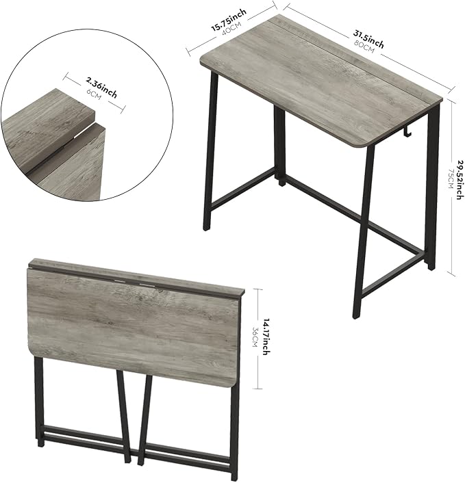 WOHOMO Folding Desk 31.5" Foldable Computer Table for Small Spaces GrayWash | Easy Assembly and Fold, Sturdy Home office desks for Study Bedroom Dorm Space Saving Writing Work Apartment
