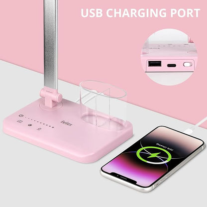 iVict LED Desk Lamp, Adjustable Table Foldable Lamp with USB Charging Port, 25 Lighting Modes, 45-Minute Auto Timer, Dual Swing Arm Desk Light with Pen Holde for Home Office/Study(Pink)