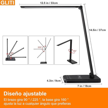 LED Desk Lamp with Wireless charging，Dimmable Desk Light, 5 Light Colors, 6 Brightness Levels, Touch Control Table Lamp with USB Rechargeable, Auto Timer, for College Dorm, Home, Office