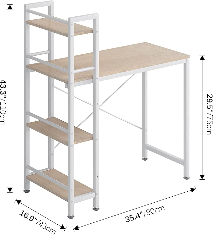 4NM 35.4" Small Computer Desk with 4-Tier Bookshelf and 8 Hooks, Home Office Desk Writing Workstation Study Table for Small Space Work - Natural and White