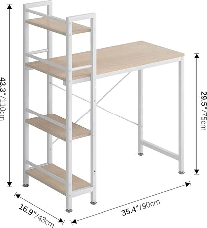 4NM 35.4" Small Computer Desk with 4-Tier Bookshelf and 8 Hooks, Home Office Desk Writing Workstation Study Table for Small Space Work - Natural and White