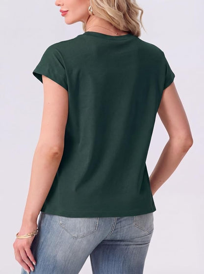 GRECERELLE Womens Summer Tops Cap Sleeve Crew Neck Basic T-Shirt | Everyday Casual Wear, Layering Friendly, Wrinkle-Resistant, Business Casual Ready, Lightweight & Packable, Capsule Wardrobe
