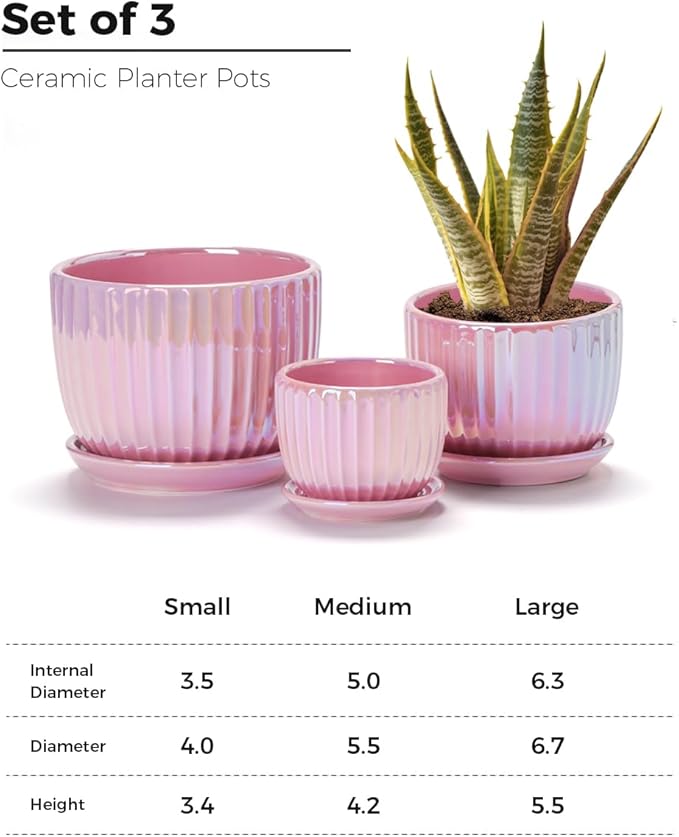 Ton Sin Pink Gold Ceramic Flower Pots, 4"+5"+6" Inch Small Glazed Succulent Planters with Drainage Hole,Modern Indoor Decorative Plant Pots Set of 3,Garden Pots with Saucer