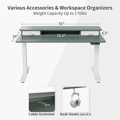FEZIBO 55 x 24 Inch Height Adjustable Electric Standing Desk with Double Drawer, Stand Up Desk with Storage Shelf, Sit Stand Desk, Green