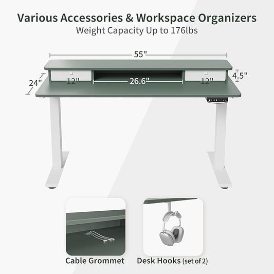 FEZIBO 55 x 24 Inch Height Adjustable Electric Standing Desk with Double Drawer, Stand Up Desk with Storage Shelf, Sit Stand Desk, Green