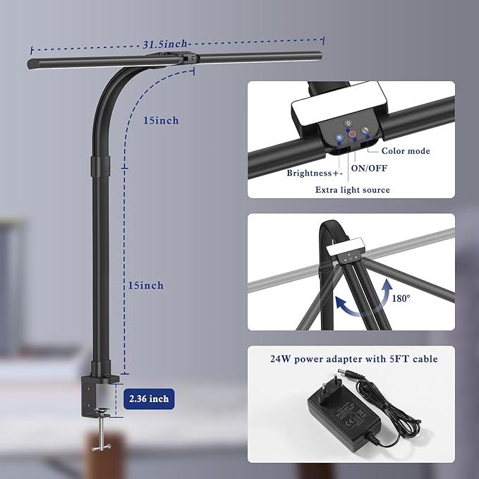 Desk Lamp for Home Office, 24W LED Desk Lamp with Clamp - 25 Lighting Modes Dimming Workbench Light with Flexible Gooseneck, Eye Protection Modern Desk Lamp for Reading Study Monitor Drafting