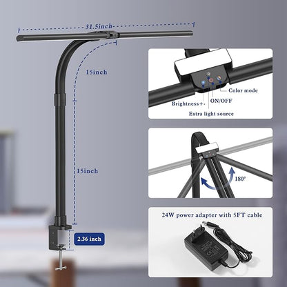 Desk Lamp for Home Office, 24W LED Desk Lamp with Clamp - 25 Lighting Modes Dimming Workbench Light with Flexible Gooseneck, Eye Protection Modern Desk Lamp for Reading Study Monitor Drafting
