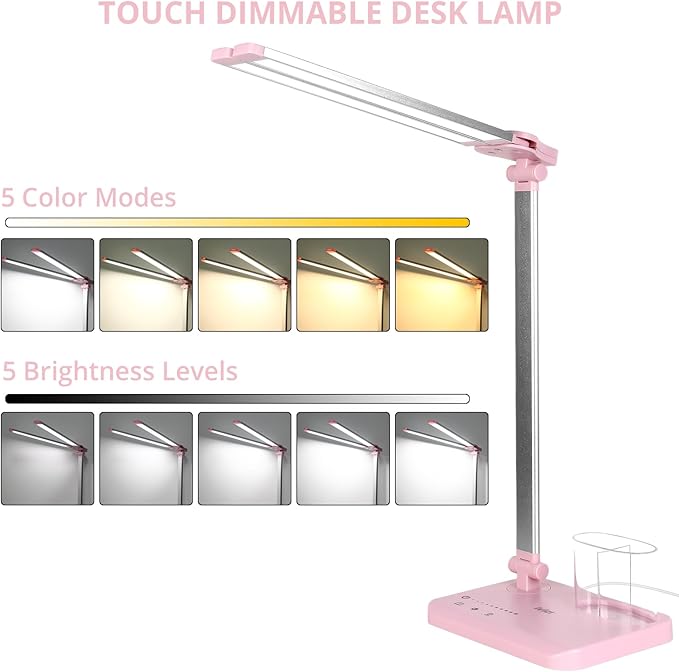 iVict LED Desk Lamp, Adjustable Table Foldable Lamp with USB Charging Port, 25 Lighting Modes, 45-Minute Auto Timer, Dual Swing Arm Desk Light with Pen Holde for Home Office/Study(Pink)