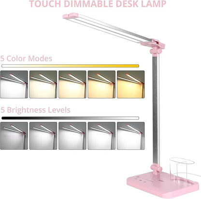 iVict LED Desk Lamp, Adjustable Table Foldable Lamp with USB Charging Port, 25 Lighting Modes, 45-Minute Auto Timer, Dual Swing Arm Desk Light with Pen Holde for Home Office/Study(Pink)