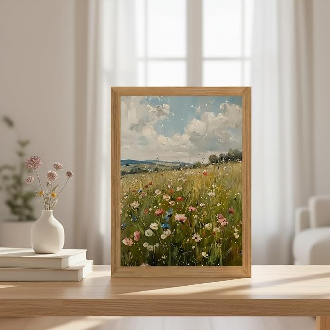 Wildflower Wall Art Framed Botanical Flower Meadow Canvas Print, Vintage Floral Landscape Canvas, Nature Wall Decor with Wood Frame for Bedroom Living Room Cottage Home Decor 12x16 Inch