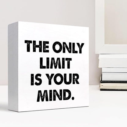 Positive Wood Box Sign Desk Decor,The Only Limit is Your Mind Wood Plaque Signs,Rustic Inspirational Wooden Block Sign Decor for Office Workplace Classroom Shelf Table Decoration C1079