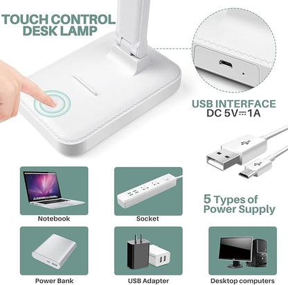 LED Desk Lamp with Touch Control for Reading, No Flicker, 3 Color Modes, Foldable for Table and Eye Caring for Office, Home, Dormitory, USB Interface DC5V 1A