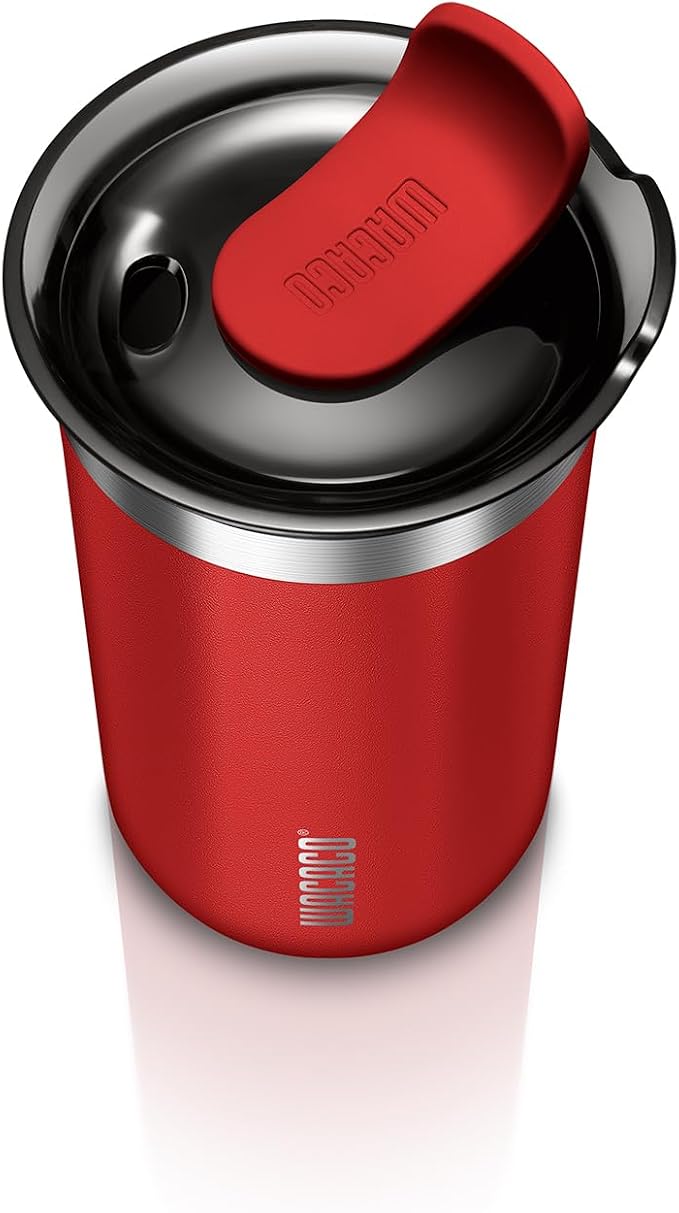 WACACO Octaroma Lungo Vacuum Insulated Coffee Mug, Double-wall Stainless Steel Travel Tumbler With Drinking Lid, 10 fl oz(300ml)， Carmine Red