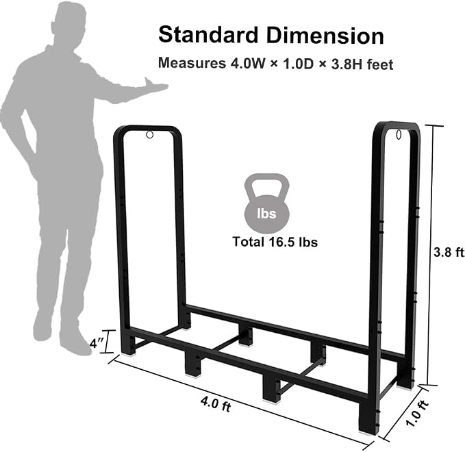 4ft Outdoor Firewood Rack, Upgraded Adjustable Heavy Duty Logs Stand Stacker Holder for Fireplace - Metal Lumber Storage Carrier Organizer, Bright Black