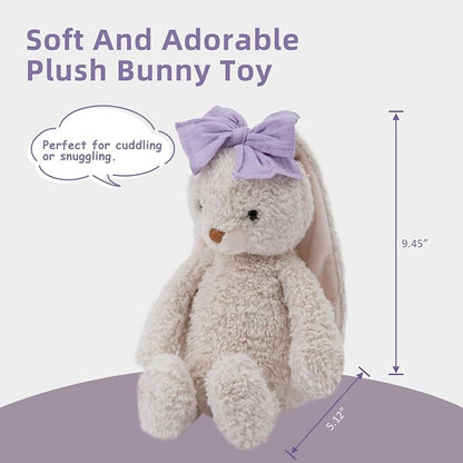 Bunny Stuffed Animal Soft Rabbit Cuddly Toy 10'' Long - Eared Plush Bunny with Purple Bow Plush Toys for Babies and Toddlers