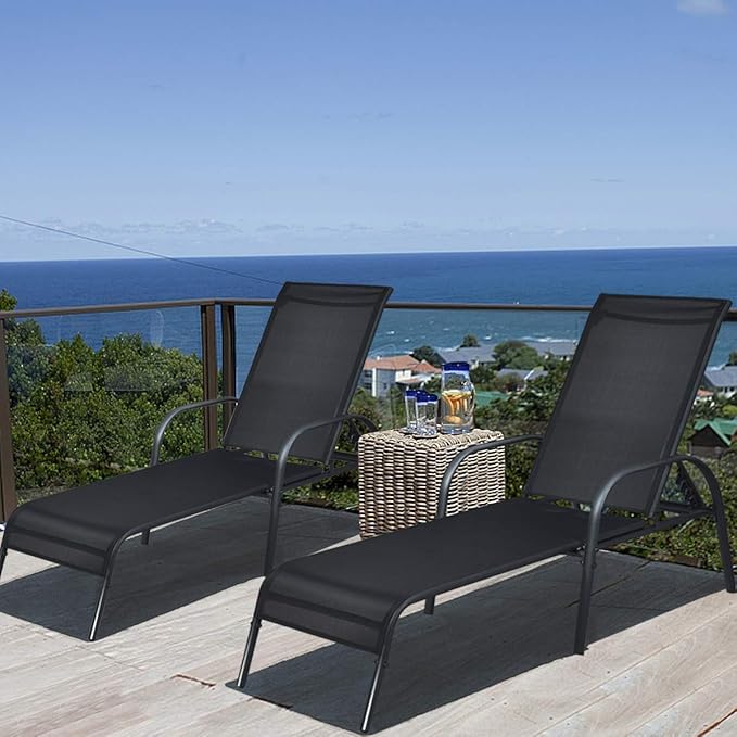 Giantex 2 Pack Patio Lounge Chair, Outdoor Chaise Lounge with 5 Adjustable Backrest, Sturdy Steel Frame, Sunbathing Recliner, Beach Chair, Tanning Chair for Outside, Yard, Balcony, Pool Chairs, Black