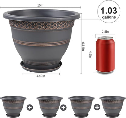 10 Inch 4 Pack Plant Pots, Plastic Flower Pot for Indoor & Outdoor with Drainage Holes & Saucer, Plaid Pattern Planters Garden Pots for Herbs