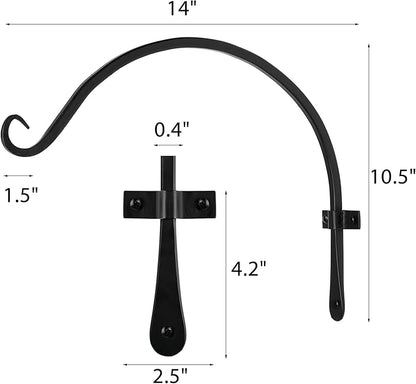 Worth Garden 6-Pack 14" Plant Hanger Bracket - Hand-Forged Wrought Iron Powder-Coated Heavy Duty Wall Hooks - Black Curved Plant Hanging Hooks for Bird Feeders, Flower Baskets, Indoor & Outdoor Use