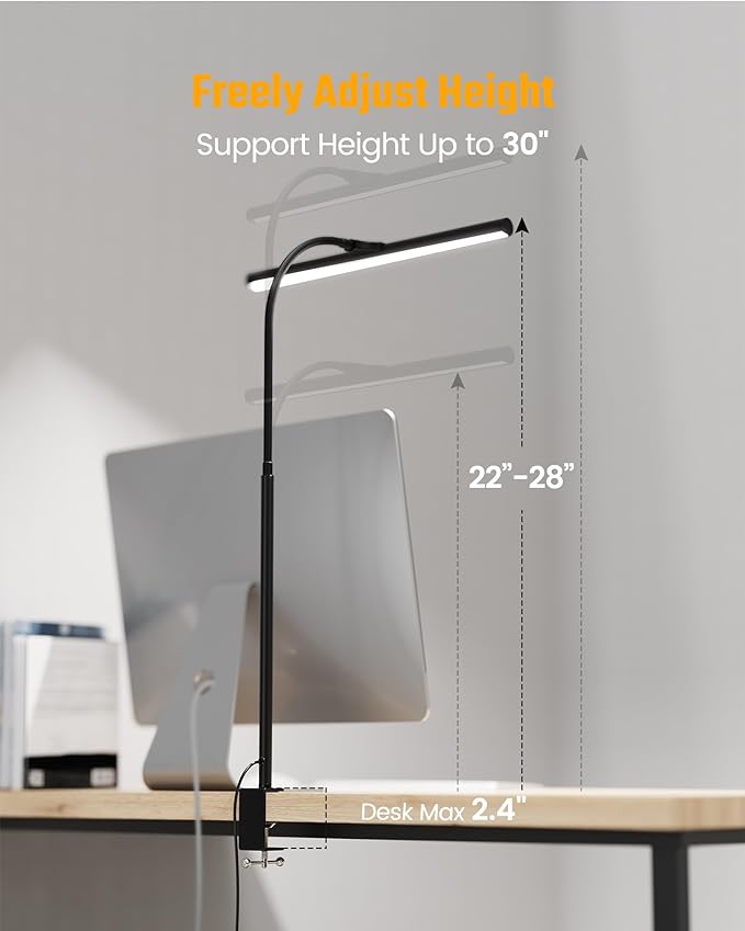 SUPERDANNY Desk Lamp for Home Office, Eye-Caring Desk Light with Adjustable Gooseneck, 12W Touch Control Dimmable Brightness, Architect Clamp Lamp for Computer Monitor