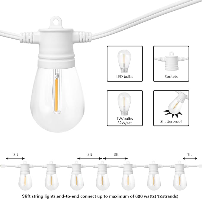 SUNTHIN White Outdoor String Lights, 96FT White Patio Lights with 32 Shatterproof LED Bulbs for Garden, Backyard, Porch, Cafe, Deck, Wedding, Party, Gathering