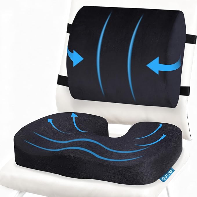 QUTOOL Seat Cushion and Lumbar Support Set for Office Chair – Supports Lower Back & Hips for Long Sitting Comfort, Helps Maintain a Comfortable Sitting Position, Ergonomic Memory Foam, Washable Cover