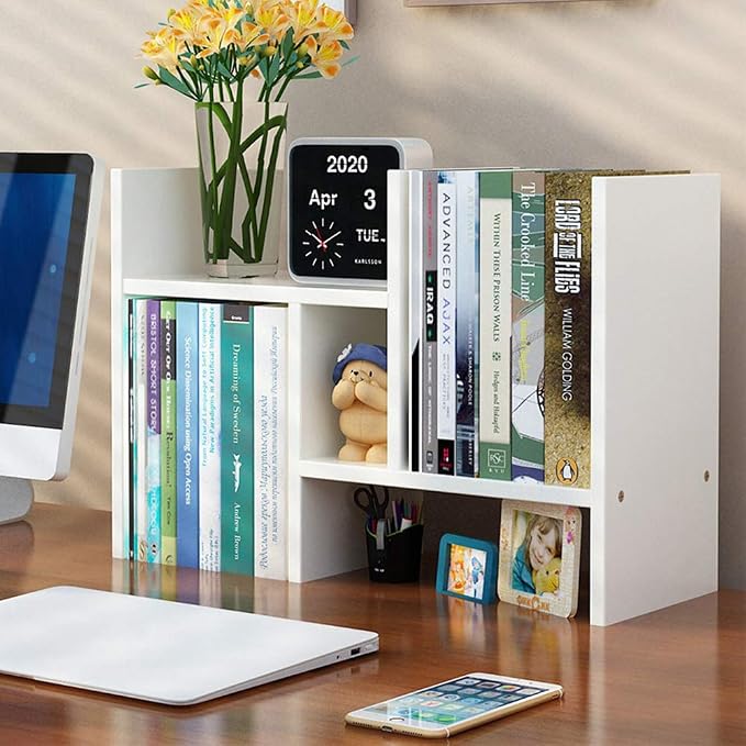 Meikuler Desktop Shelf Organizer, Adjustable Wood Display Desk Shelf, Office Storage Rack Tabletop Bookshelf Multipurpose Shelves for Home Decor, Office, Gifts