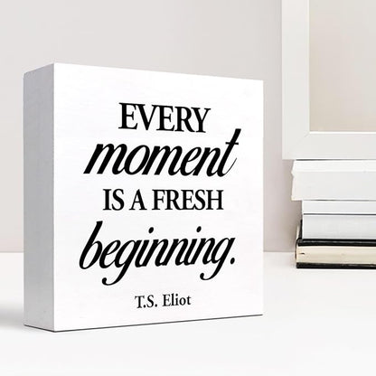 Positive Wood Box Sign Desk Decor,Every Moment is a Fresh Beginning Wood Plaque Signs,Rusti Inspirational Wooden Block Sign Decor for Home Office Shelf Desk Table Decoration C1067