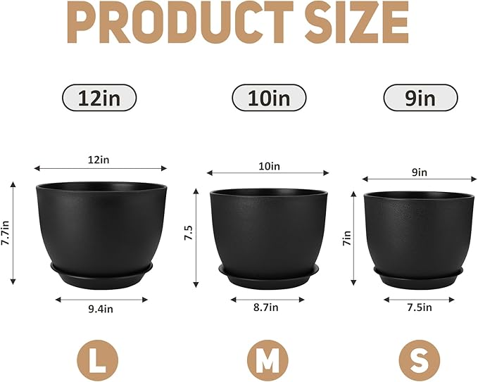 Plant Pots 12/10/9 inch Set of 3, Flower Pots with Multi Mesh Drainage Holes, Large Planters for Indoor Outdoor Garden Plants and Flowers. (Black)