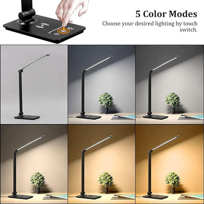 LED Desk Lamp with Wireless Charger, Desk Lamp for college dorm room with 5 Color Modes & Fully Dimming Function, Eye Caring Table Lamps for Study, Office Lamp with Adjustable Arm, Auto Timer 30/60min