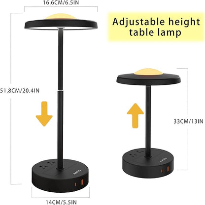 LED Table Lamp Dimmable Desk Lamp Reading Lamp with USB A & Type C Charging Port 2 Prong Outlet Power Touch Control Night Light Retractable for Bedroom, Living Room, Dorm, Study, Home Office