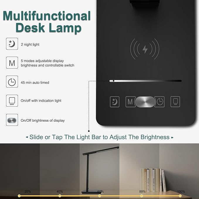 10 in 1 Smart Desk Lamp, Desk Table Lamp for Office, Eye-Caring Office Lamp with Night Light, Lamp for Desk with 10W Wireless Charger, Dimmable Touch Lamp for Home College Dorm Reading Study Work Room