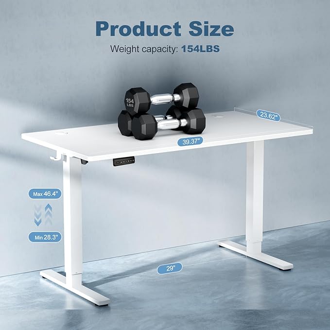 DUMOS 40 Inch Electric Standing Desk, Memory Adjustable Home Office Desk | Sit Stand Up Desk for Work Home Office,Adjustable Desk, Rising Computer Table with Splice Board,Cable Management,Hook,White