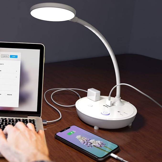 Bodun Small Bedside Lamp for Table Lamp Bedroom Desk Lamp with Dual USB Charging Port and AC Outlet Office Reading Light Adjustable Gooseneck Working White LED Lamp