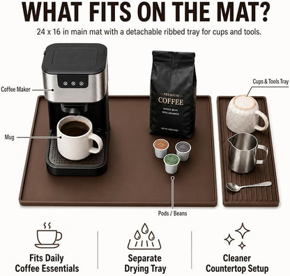 Silicone Coffee Mat 24 x 16 in with Tray, Classic Coffee Brown | Coffee bar mat for countertop use, coffee station mat or coffee machine mat with removable tray and 0.47 in raised rim.