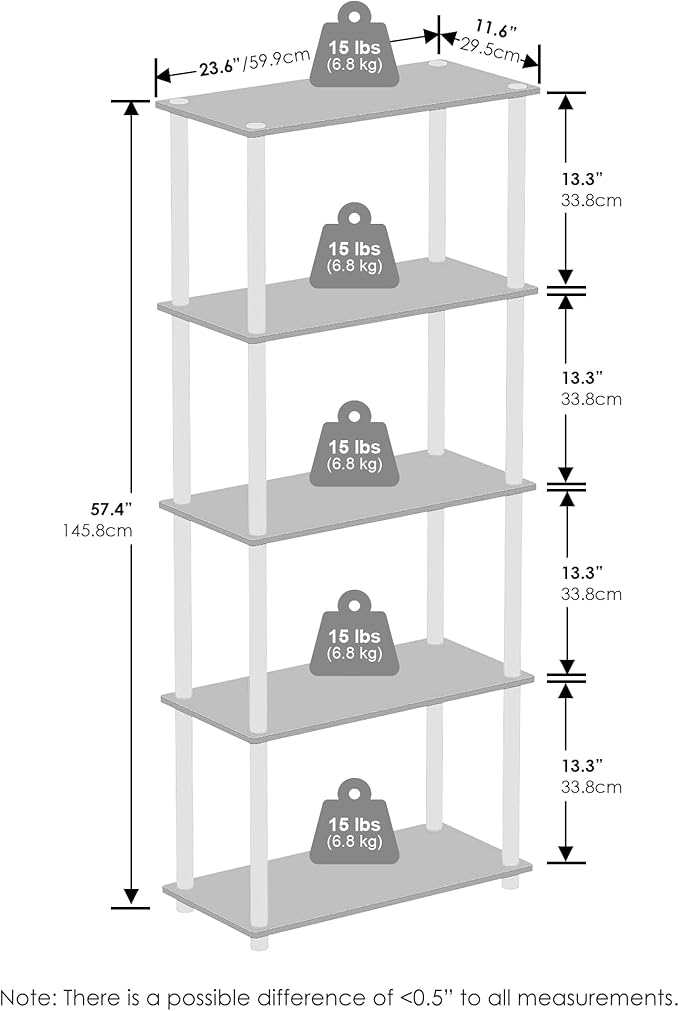 Furinno Turn-N-Tube 5-Tier Multipurpose Compact Display Rack, Shelving Unit, Bookcase, Black/Grey
