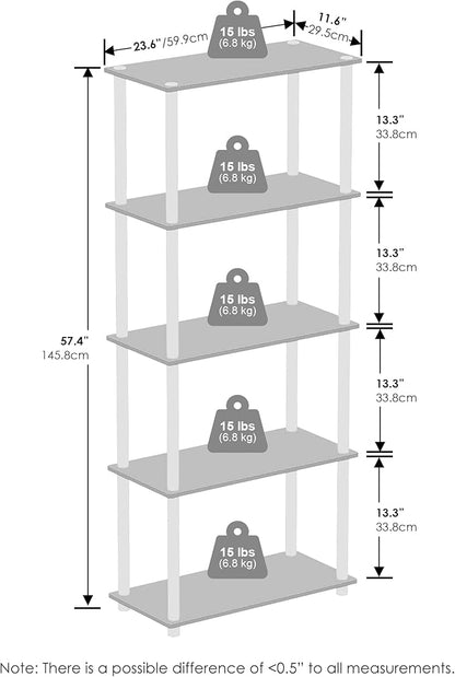 Furinno Turn-N-Tube 5-Tier Multipurpose Compact Display Rack, Shelving Unit, Bookcase, Black/Grey