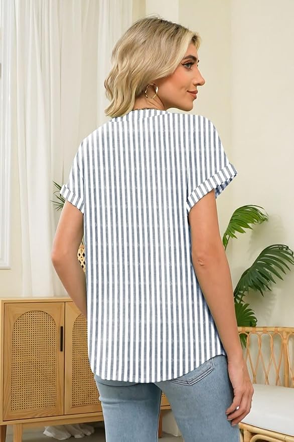 Womens Henley Summer Tops V Neck Button Dressy Casual T Shirts Blouses | Breathable, V-Neck Button, Striped, Loose Fit, Business Casual, Office, Vacation, Spring Summer Tops, Basic Shirts