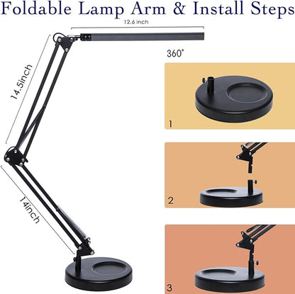 LED Desk Lamp with Clamp and Round Base, Swing Arm Eye Caring Table Lamp, 3 Color Modes 10 Brightness Levels, Memory Function Lamp with USB Adapter, Desk Light for Home Office 14W Black