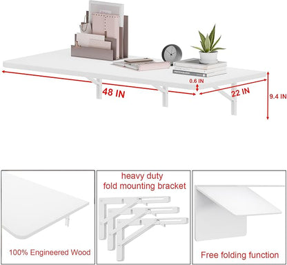 IAE 48x22in Floating Fold Desk,Wall-Mounted Folding Computer Table,White | Study Table with Shelf Brackets,Foldable Down Shelf with Engineered Wood,Fold Computer Desk for Small Apartment,Holds 509 lb