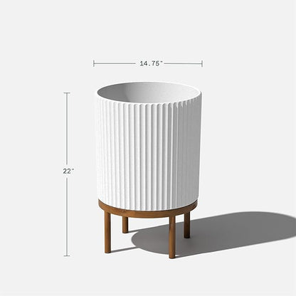 Veradek Demi Series Round Planter w/Stand for Porch/Patio | Durable Plastic-Stone Composite & Wooden Stand | Modern Décor for Tall Plants, Flowers