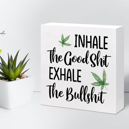 Funny Office Wood Sign,Inhale Exhale Meditation Quote Wood Block Sign Desk Decor,Funny Wooden Box Plaque Sign Desk Decor for Home Yoga Room Meditation Space Shelf Table Decorations