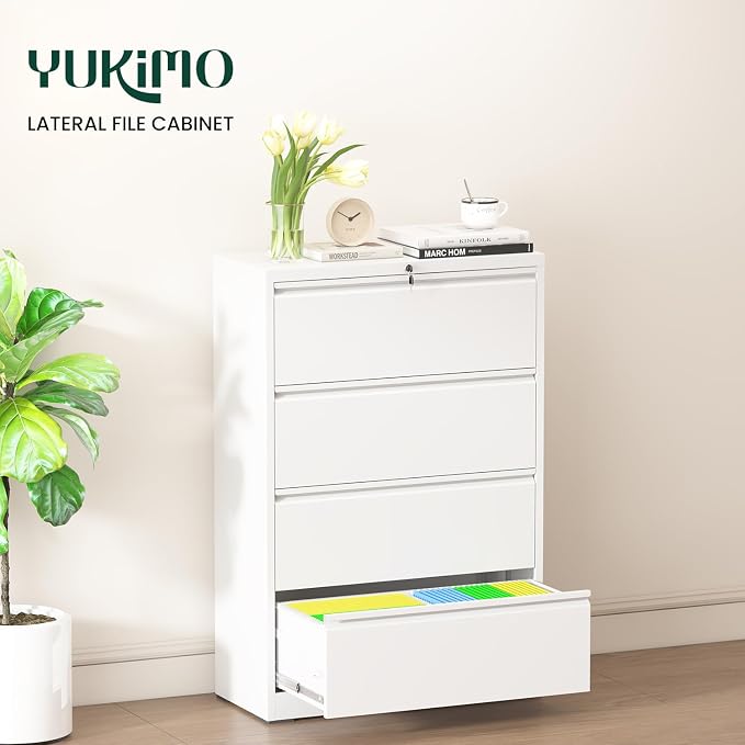 Lateral File Cabinet 4 Drawer, Metal File Cabinets for Home Office Legal/Letter A4 Size, File Cabinet with 4 Lock, Require Assembly, White