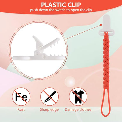 4-Pack Silicone Pacifier Clips with a Woven Rope Shape for Baby Boys and Girls - Flexible and Rust-Free Holders for Teething Relief and Baby Essentials, Safe for Newborns (Pink)