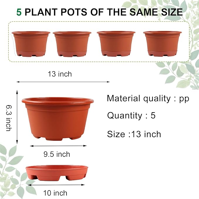 Outdoor Flower Pots 5 Packs 13 inch pots for Plants Modern Decorative Garden Pot with Saucer, Lightweight Large Resin Planters for Indoor Plants,Decorative Resin Plant pots