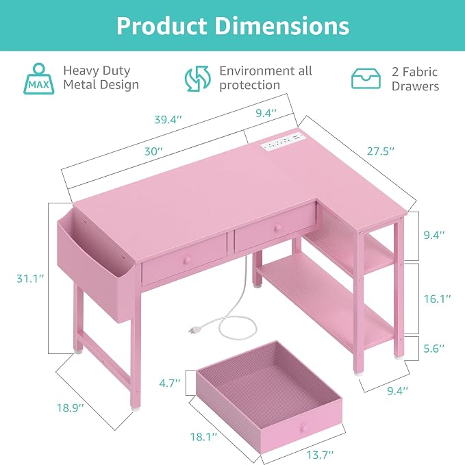 DLisiting Pink Reversible L Shaped Desk with Drawers and Shelves, Small Kids Study Vanity PC Computer Desk with Storage for Girls, Corner L-Shaped Desks for Small Space Bedroom