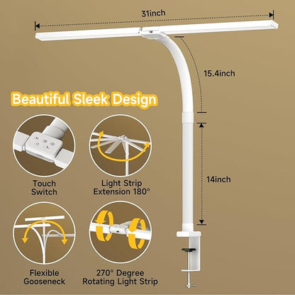 SKYLEO Desk Lamp - Double Head LED Desk Light for Home office - 24W Eye Caring - Touch Control - 5 Color Modes X 11 Brightness Levels - 2400LM - Timmer & Memory Function - White